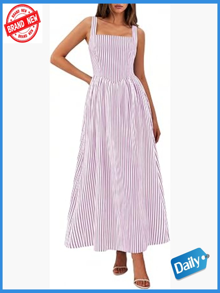 Striped Maxi Dress Square Neck Smocked A-Line Flowy Long Sundress
